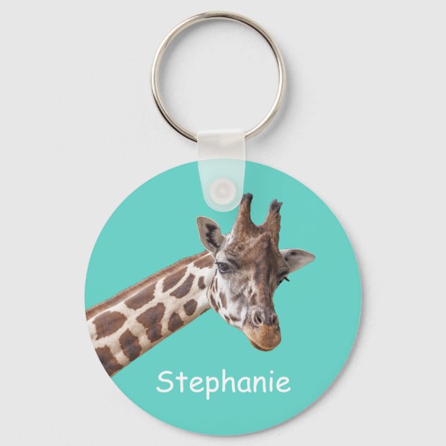 Giraffe Safari Animal on Teal Personalized Name Key Ring (Front)