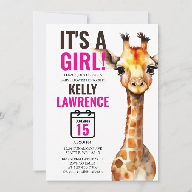 Giraffe Safari Baby Girl Shower Invitation (Front)