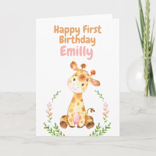 Giraffe Safari Baby Happy 1st Birthday Card (Front)