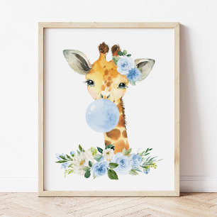 Giraffe, Safari, Blue Bubble Gum, Boy Nursery Photo Print
