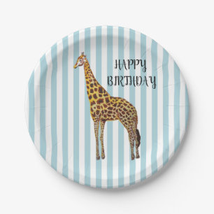 Giraffe Safari Blue Stripe Birthday Party Plates