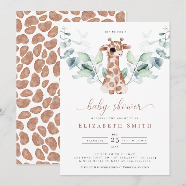 Giraffe Safari Eucalyptus Watercolor Baby Shower Invitation (Front/Back)