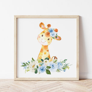 Giraffe, Safari, Jungle, Blue Flowers, Boy Nursery Photo Print