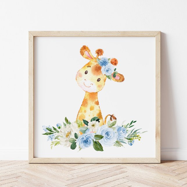 Giraffe, Safari, Jungle, Blue Flowers, Boy Nursery Photo Print (Creator Uploaded)