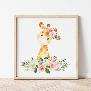 Giraffe, Safari, Pink Flowers, Girl Nursery Poster
