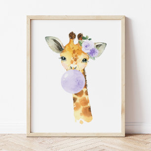Giraffe, Safari, Purple Bubble Gum, Gender Neutral Photo Print