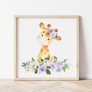 Giraffe, Safari, Purple Flowers, Gender Neutral Photo Print