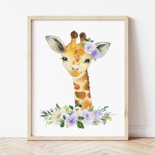 Giraffe, Safari, Purple Flowers, Gender Neutral Photo Print