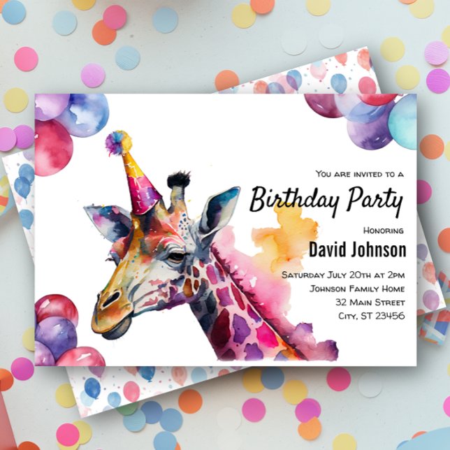 Giraffe Safari Watercolor Animal Birthday Party Invitation (Creator Uploaded)
