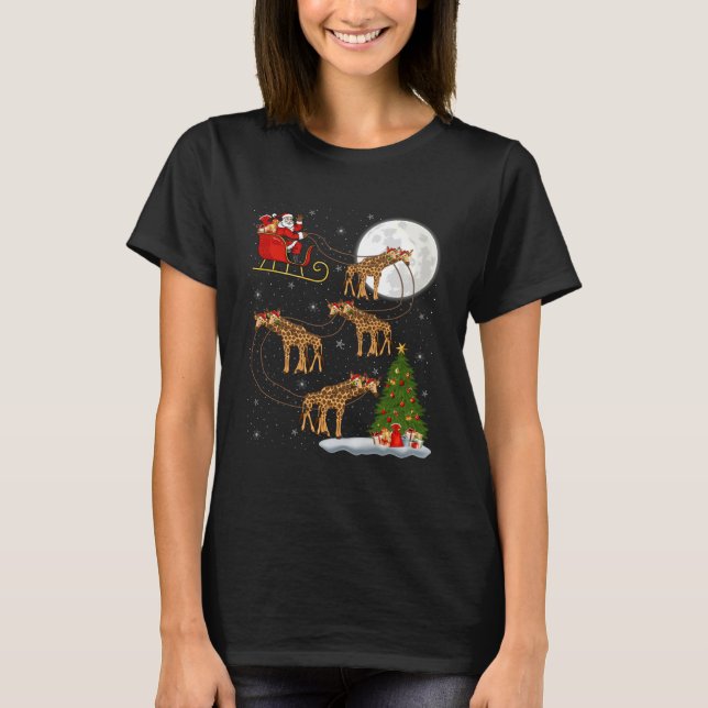Giraffe Santa Sleigh Flying Funny Magical Christma T-Shirt (Front)