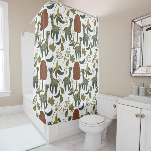 Giraffe seamless pattern | colourful floral patter shower curtain (In Situ)