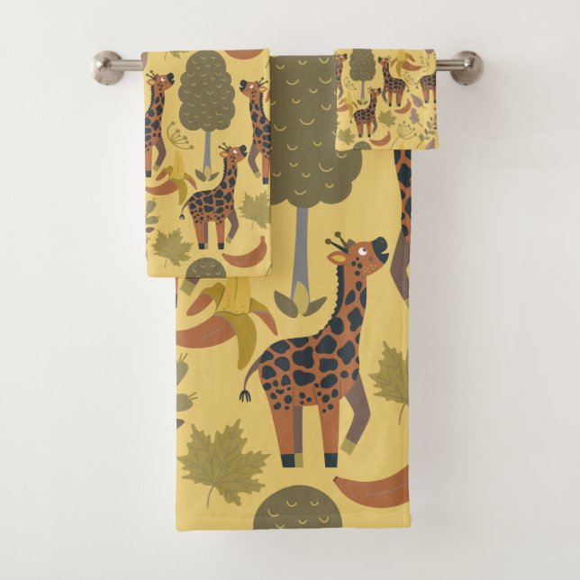 Giraffe seamless pattern yellow background bath towel set (Insitu)