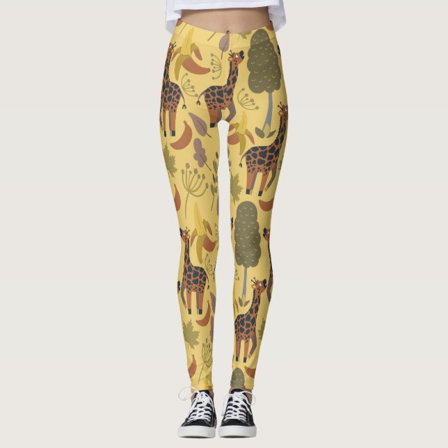Giraffe seamless pattern yellow background leggings (Front)