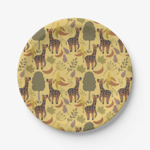 Giraffe seamless pattern yellow background paper plate