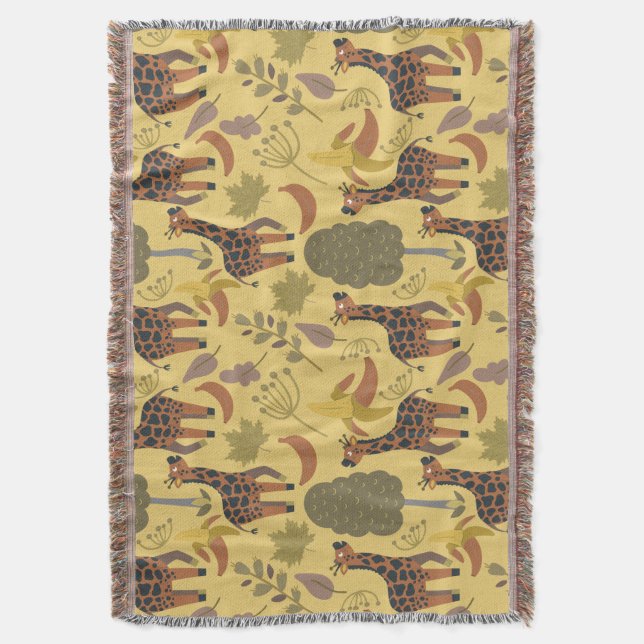 Giraffe seamless pattern yellow background throw blanket (Front Vertical)