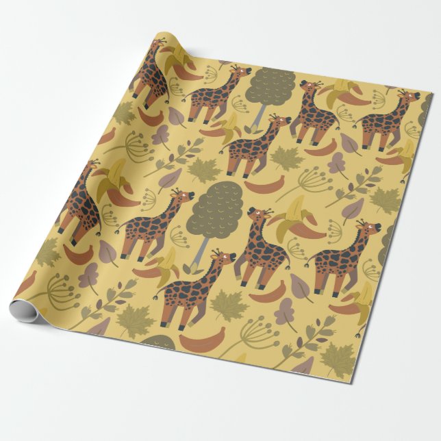 Giraffe seamless pattern yellow background wrapping paper (Unrolled)