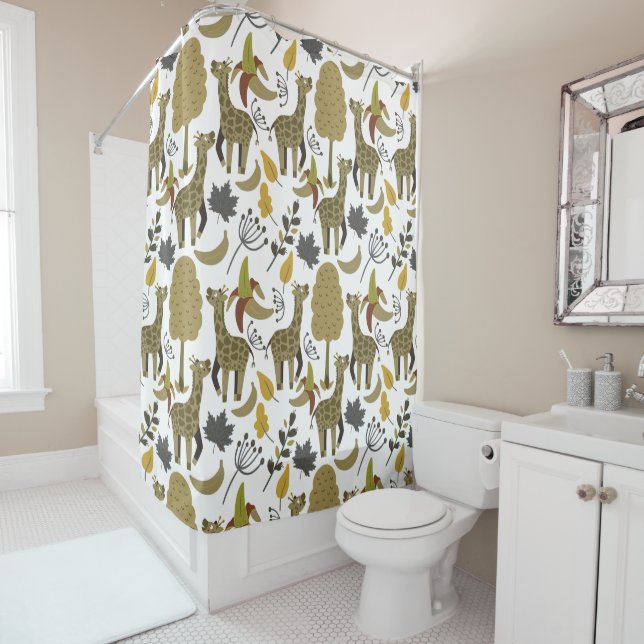 Giraffe seamless pattern yellow white tall shower curtain (In Situ)