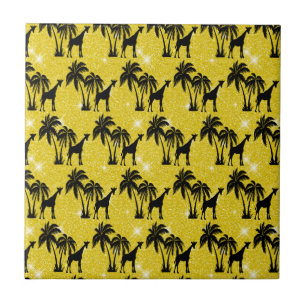 Giraffe Silhouette Tropical Palm Tree Leaves Zoo Ceramic Tile
