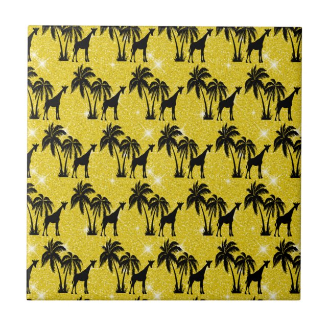 Giraffe Silhouette Tropical Palm Tree Leaves Zoo Ceramic Tile (Front)