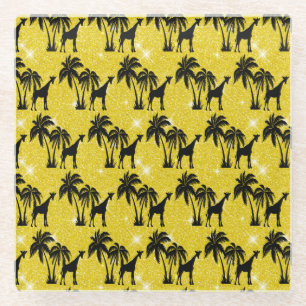 Giraffe Silhouette Tropical Palm Tree Leaves Zoo Glass Coaster