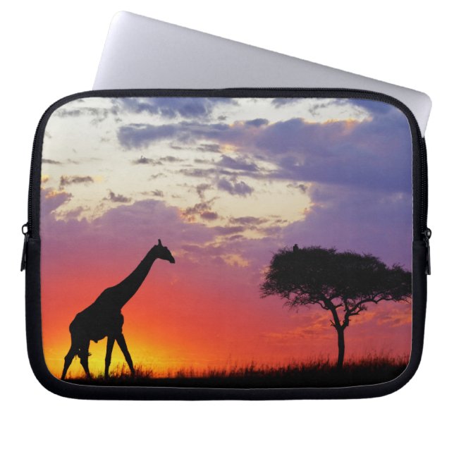 Giraffe silhouetted at sunrise, Giraffa Laptop Sleeve (Front)