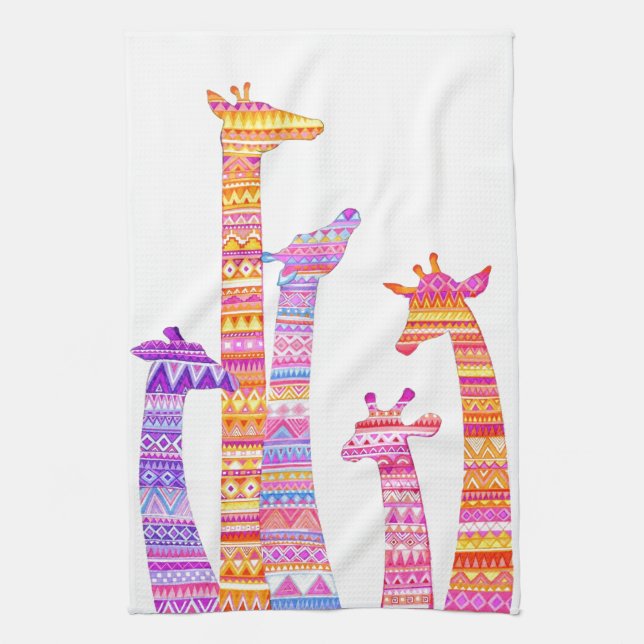Giraffe Silhouettes in Colourful Tribal Print Tea Towel (Vertical)