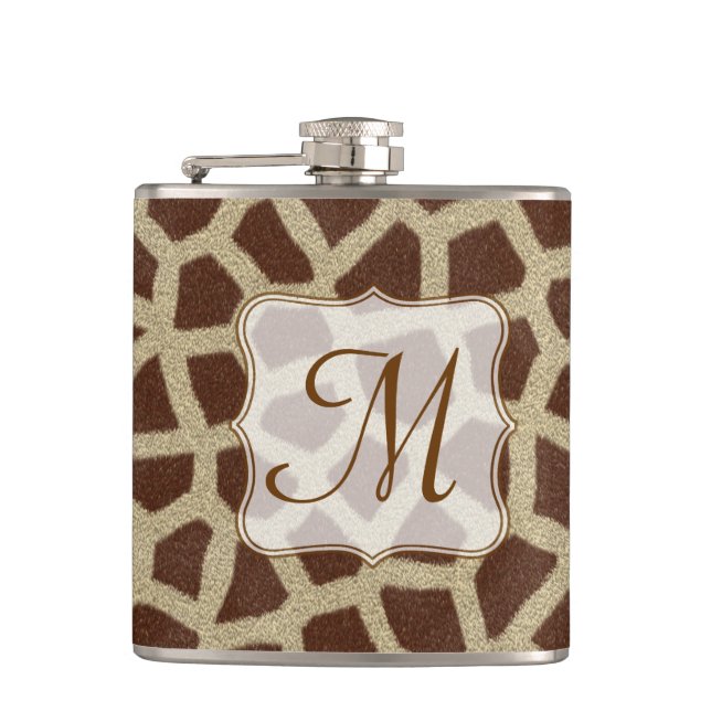 Giraffe Spot Animal Print Monogram Whiskey Flask (Front)