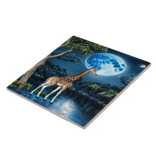 Giraffe Standing by River Under Moonlit Sky Ceramic Tile