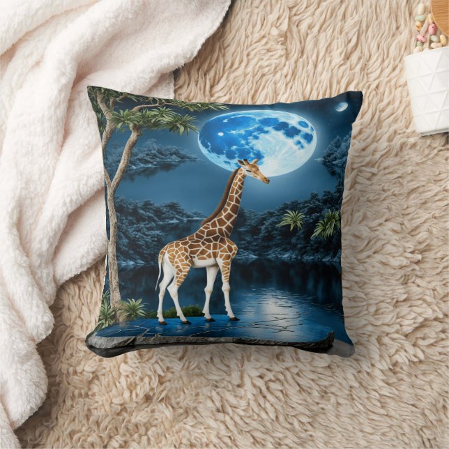 Giraffe Standing by River Under Moonlit Sky Cushion (Blanket)