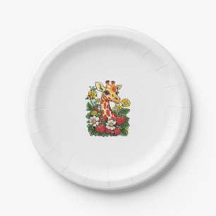 Giraffe Strawberries and Flowers Graphic Cute Gira Paper Plate