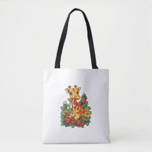 Giraffe Strawberries and Flowers Graphic Cute Gira Tote Bag