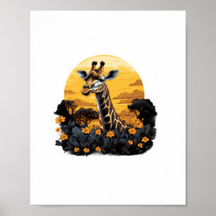 Giraffe Sunset Floral Animal Art Savanna Nature Wi Poster