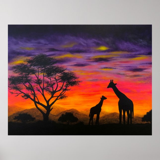 “Giraffe Sunset” Giraffe Scenic Art Poster Prints (Front)