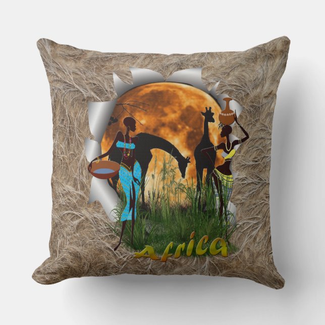Giraffe, sunset & trendy African girls Cushion (Front)