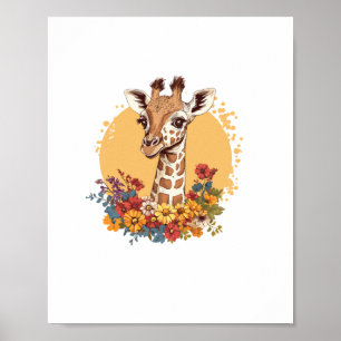 Giraffe Surrounded By Colourful Flowers Poster