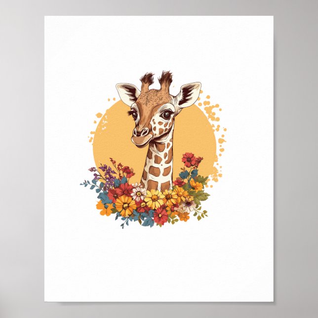 Giraffe Surrounded By Colourful Flowers   Poster (Front)
