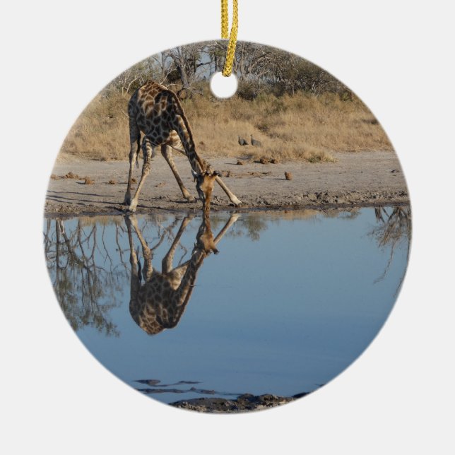 GIRAFFE TAKING A REFLECTED DRINK CERAMIC ORNAMENT (Front)