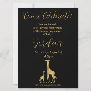 Giraffe Theme Baby Shower Black and Gold Invitation