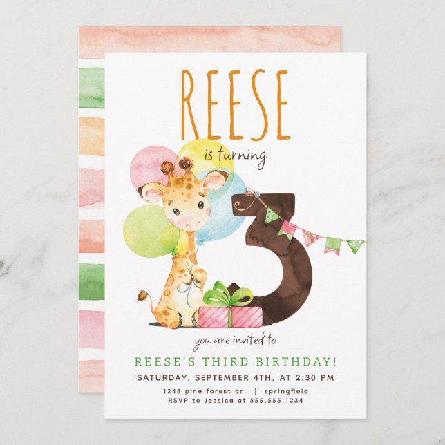 Giraffe Third Birthday Party Invitation (Front/Back)