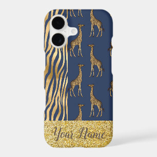 Giraffe & Tiger Print Gold Glitter Blue Name