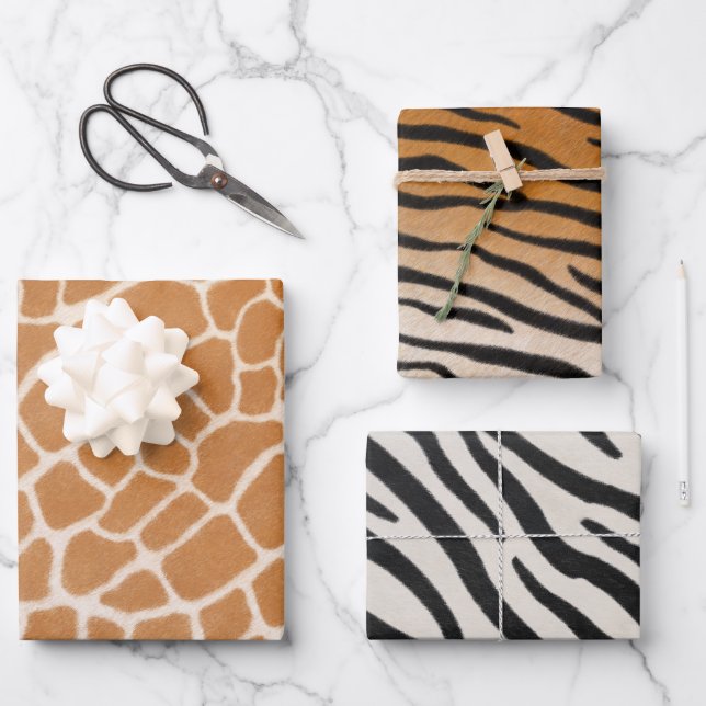 Giraffe Tiger & Zebra Fur Realistic Animal Print Wrapping Paper Sheet (Front)