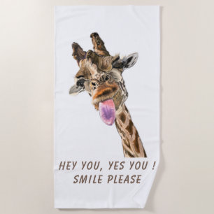 Giraffe Tongue Out and Playful Wink - Custom Text Beach Towel