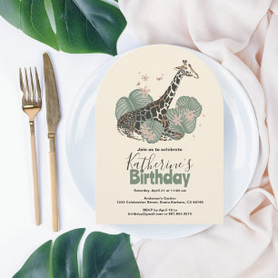 Giraffe Tropical Greenery Animal Birthday Party Invitation