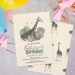 Giraffe Tropical Greenery Animal Birthday Party Invitation