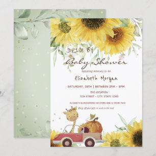 Giraffe Truck Pumpkin Sunflowers Drive Baby Shower Invitation