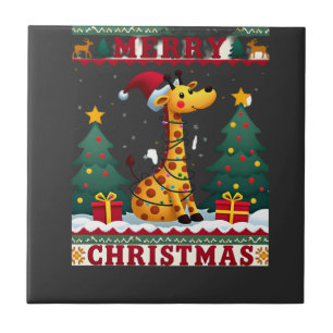 Giraffe Ugly Christmas Sweaters Funny Santa Hat Li Ceramic Tile