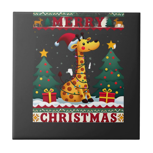 Giraffe Ugly Christmas Sweaters Funny Santa Hat Li Ceramic Tile (Front)