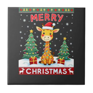 Giraffe Ugly Christmas Sweaters Funny Santa Hat Li Ceramic Tile