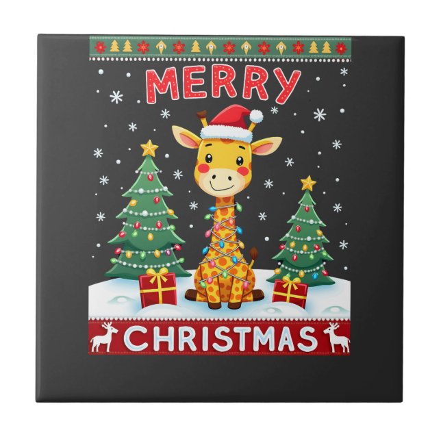 Giraffe Ugly Christmas Sweaters Funny Santa Hat Li Ceramic Tile (Front)