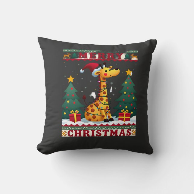 Giraffe Ugly Christmas Sweaters Funny Santa Hat Li Cushion (Front)